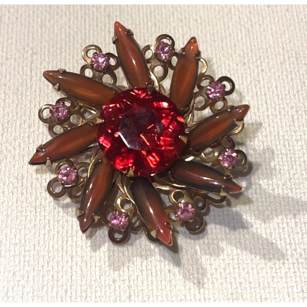 Pink and Gold Tone Retro Floral Brooch Vtg Jewelry Atomic Starburst Type Pattern - Picture 4 of 8